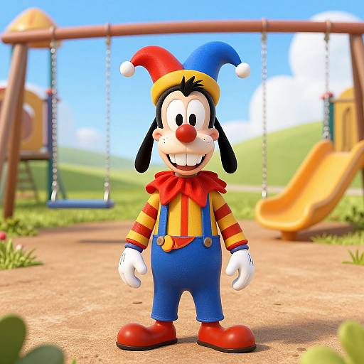 Cartoon jester with blue overalls, red and yellow striped shirt, red nose, and jester hat, standing in a sunny playground with swings