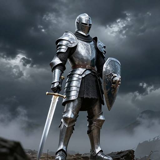 Digital painting of a knight in shiny silver armor, holding a sword in one hand and a shield in the other, standing on rocky terrain under a storm