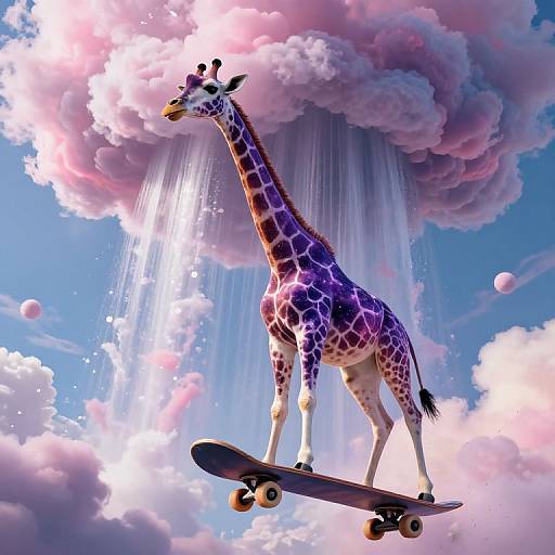Digital artwork of a purple and pink patterned giraffe surfing on a skateboard amidst vibrant, pink-tinted clouds with falling water.