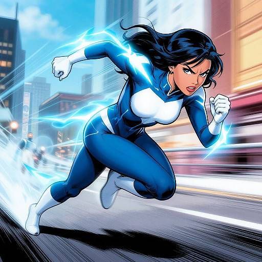 Digital comic art of a black-haired woman in a blue and white superhero suit, leaping through a city street with glowing blue energy. Dynamic action scene