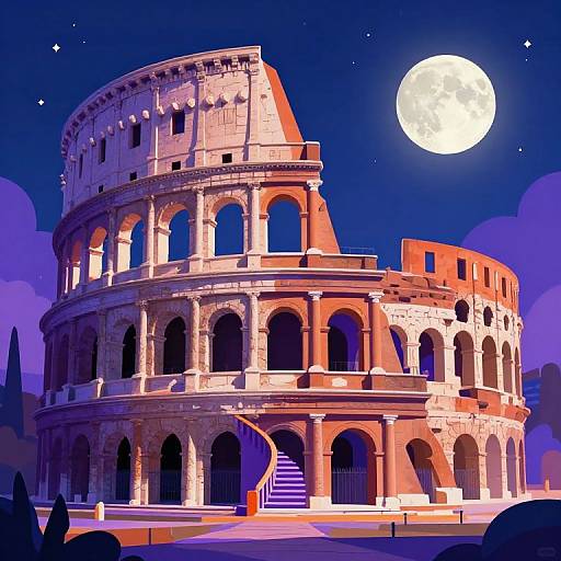 Digital illustration of the Colosseum at night, illuminated by a full moon. The structure features arched windows and a central staircase, surrounded by