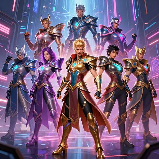 Diverse Fantasy Heroes in Cyberpunk City