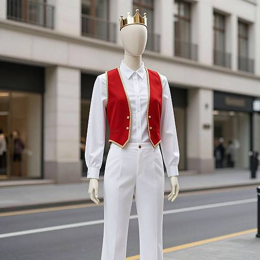 Photograph of a white mannequin wearing a red velvet vest, white shirt, white pants, and a gold crown, standing on a city street