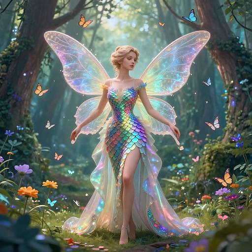 Digital art of a fairy with iridescent wings, wearing a shimmering, multicolored dress, surrounded by glowing butterflies in a sunlit forest