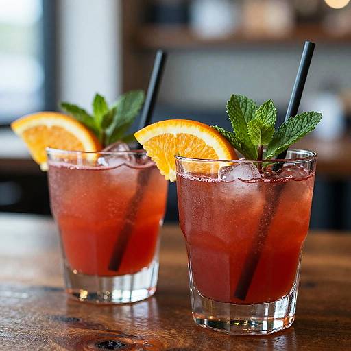Photograph of two refreshing red cocktails in clear glasses with orange slices, mint, and black straws on a wooden table.