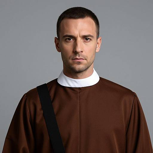 Photograph of a serious, short-haired man with light skin, wearing a brown clerical robe with a white collar and black strap.