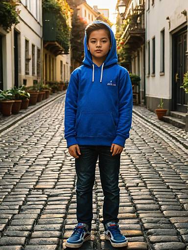 Boy in Blue Hoodie on Cobblestone