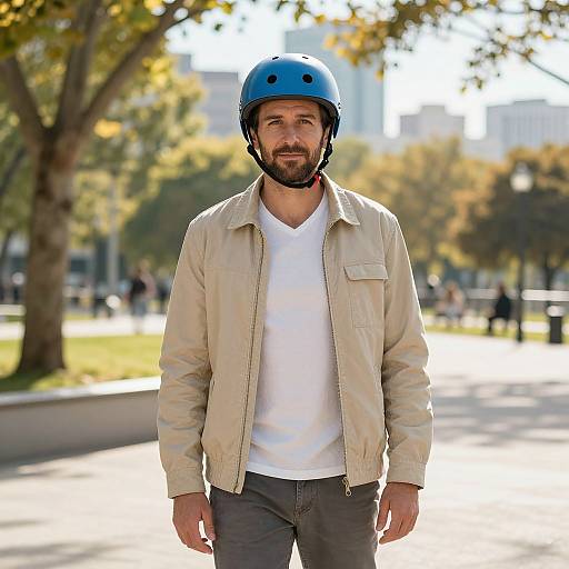 Man Wearing Blue Helmet in City Park