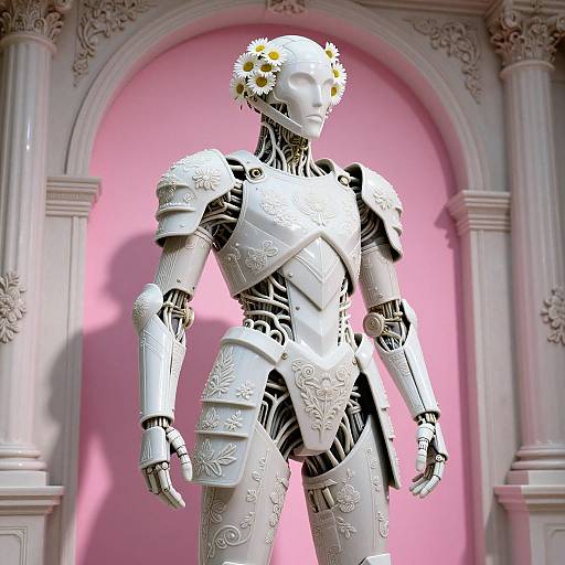 Digital 3D art of a white robotic warrior with daisy crown, ornate armor, standing in front of a pink, arched, classical