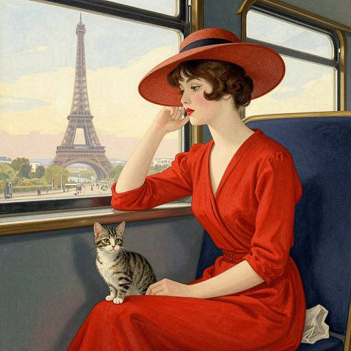 Vintage-style digital painting of a fair-skinned woman in a red dress and wide-brimmed hat, sitting on a bus with a tabby cat