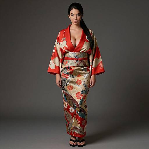 Photograph of a confident woman in a red and gold floral kimono with a deep V-neck, black sandals, and long dark hair, standing against