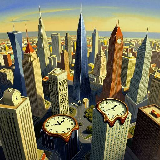 Digital illustration of a vibrant cityscape with towering skyscrapers, including clock-topped buildings, under a blue and yellow sky.