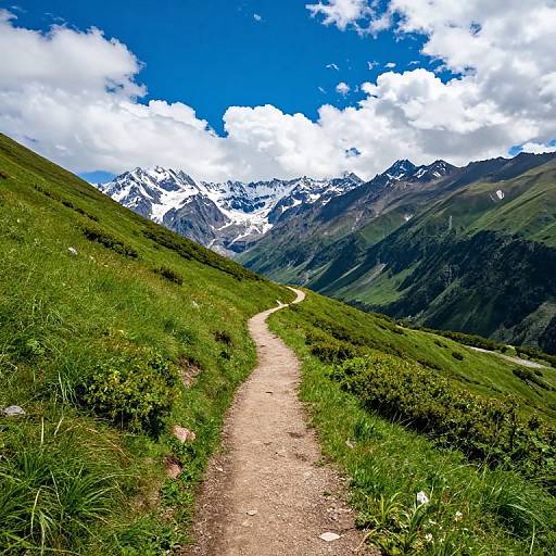 Photograph of a winding dirt path through lush green hills leading to snow-capped mountain peaks under a vivid blue sky with fluffy white clouds.