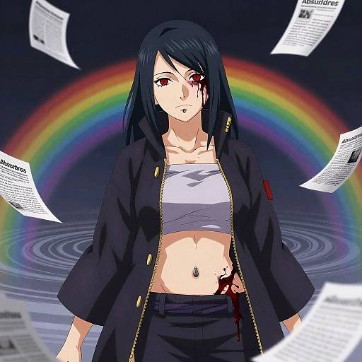 Anime-style drawing of a black-haired woman with red eyes, blood on her face and shirt, wearing an open black jacket, against a rainbow background with
