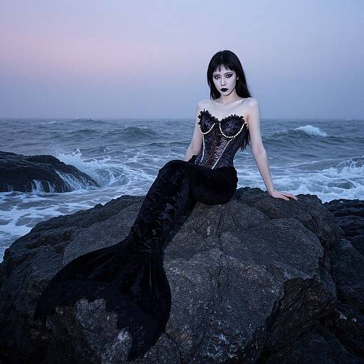Photograph of a pale-skinned, black-haired mermaid with a black corset and fish tail, sitting on rocky ocean shore at twilight.