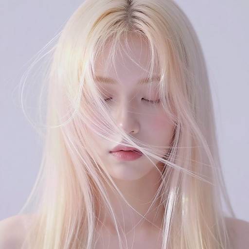 Photograph of a young woman with long, platinum blonde hair, partially obscuring her face, against a bright white background. Her eyes are closed,