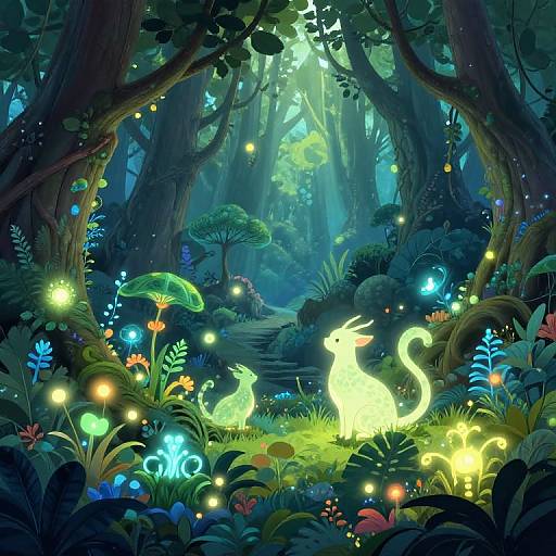 Digital fantasy forest illustration: glowing yellow dragon and fox amidst luminescent flowers, fireflies, and vibrant foliage, with tall, dark trees in the