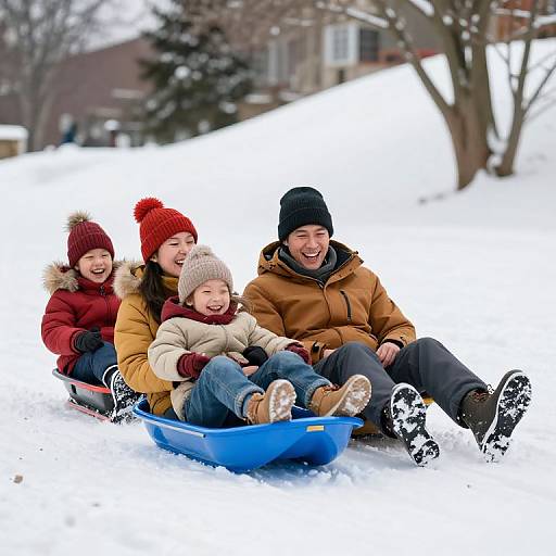 Joyful Family Tobogganing in Snow