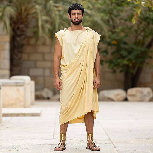 Photograph of a bearded man with dark hair, wearing a golden Greek-style tunic and sandals, standing outdoors with blurred greenery background.