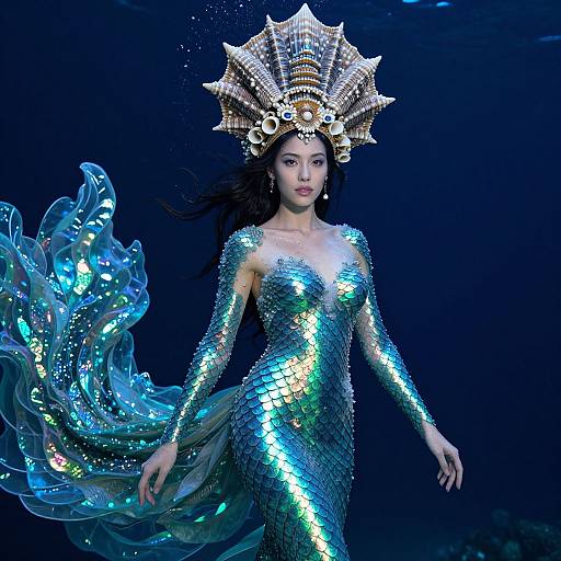Photograph of an Asian mermaid with shimmering blue-green sequin dress, large ornate gold headdress, and flowing aquatic tail against dark underwater