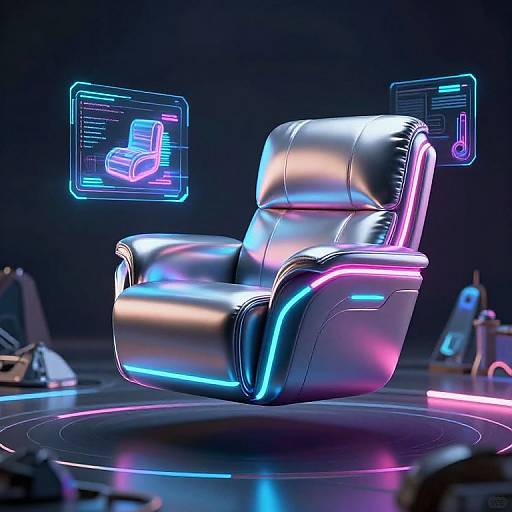 Neon-lit, futuristic, metallic armchair with glowing blue and pink accents, floating holographic interfaces on a dark, sleek, circular platform.