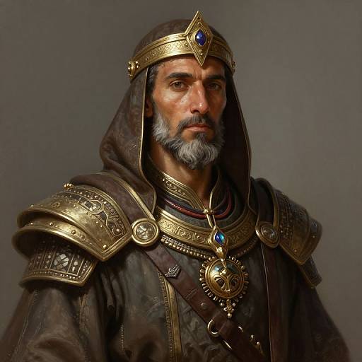 Digital artwork of a serious, bearded Middle Eastern king wearing ornate gold armor, blue gem-encrusted crown, and dark hooded robe