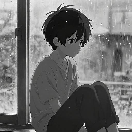 Anime-style, black-and-white digital drawing of a young boy with messy hair, sitting by a rain-streaked window, wearing a loose shirt and