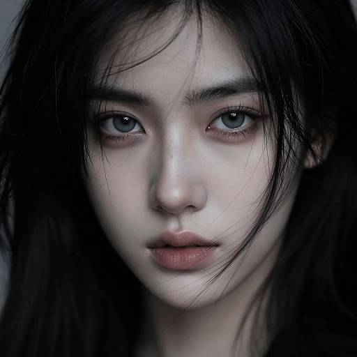 Close-up photograph of an Asian woman with pale skin, striking blue eyes, and dark, slightly messy hair. Her intense gaze is centered, with soft