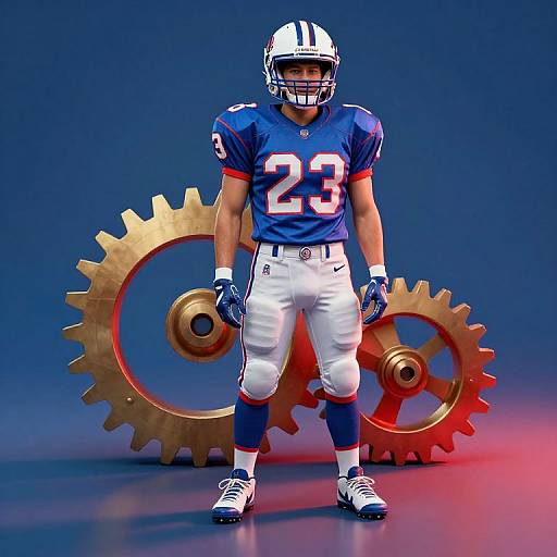 Photograph of a muscular male football player in blue and white uniform, helmet, and gloves, standing in front of large golden gears, against a blue