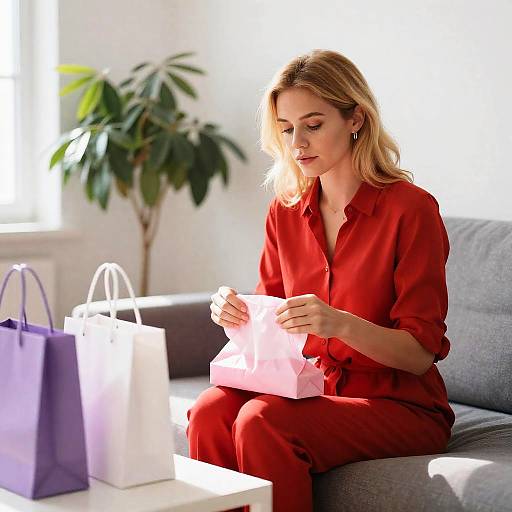 Blonde Woman with Gifts in Cozy Setting