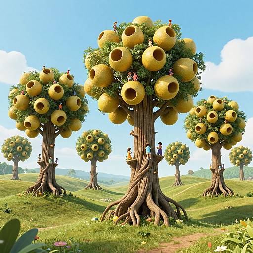 Digital artwork of fantastical trees with large yellow gourds, people climbing and sitting on gnarled trunks, in a bright, sunny me