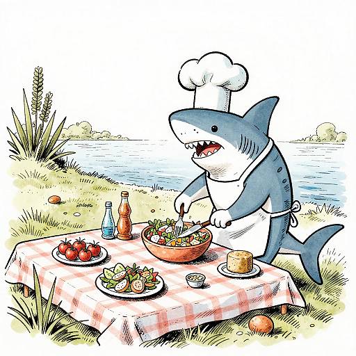 Cartoon of a shark chef in a white hat and apron cooking outdoors on a picnic table by a lake.