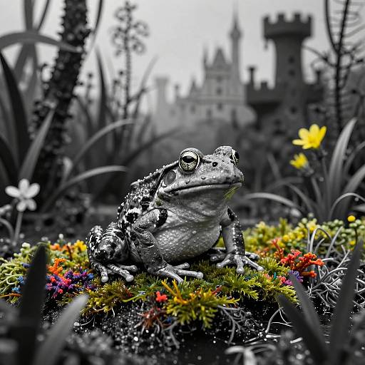 Colorful frog sitting on vibrant moss and flowers in a black-and-white fantasy castle garden, with blurred castle and trees in background. Digital artwork.