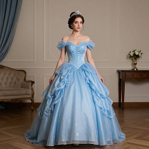 Photograph of a fair-skinned woman with dark hair, wearing a blue off-shoulder princess gown, tiara, in an elegant room with