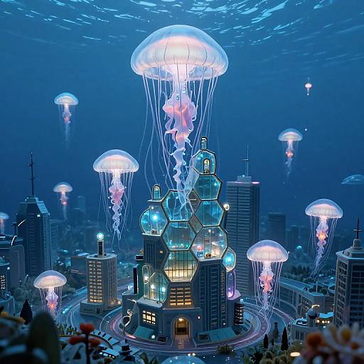 Photograph of a futuristic cityscape with glowing blue jellyfish-shaped buildings and illuminated skyscrapers, set against a dark, underwater-like sky.