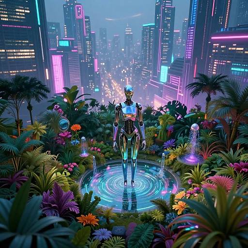 Digital artwork of a futuristic robot standing in a glowing circular puddle, surrounded by vibrant neon-lit cityscape, lush, colorful plants, and illuminated