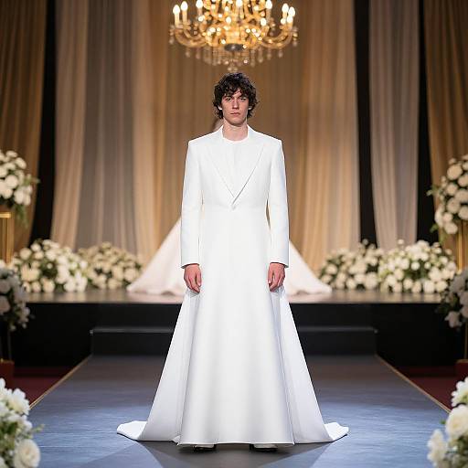 Photograph of a curly-haired man in a long white wedding dress standing on a runway, with a chandelier and floral arrangements in the background.