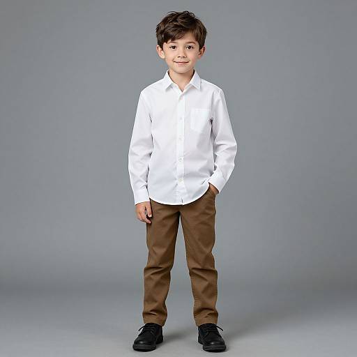 Photograph of a young boy with dark hair, wearing a white long-sleeve shirt, brown pants, and black shoes, standing confidently against a