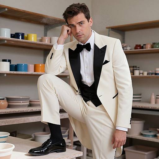 Photograph of a handsome man in a white tuxedo with black bow tie, sitting on a table in a colorful kitchen, leaning on one hand