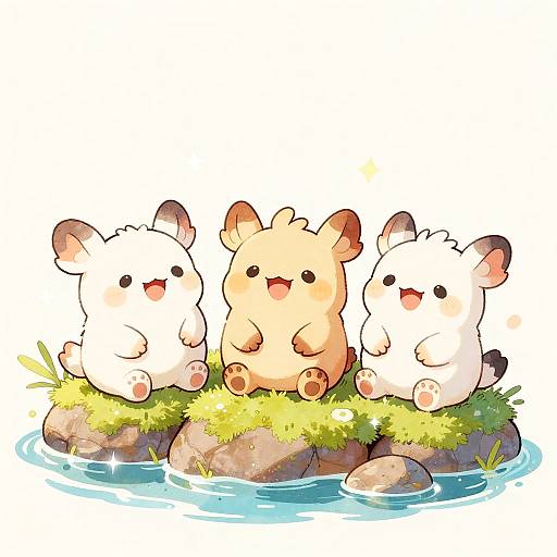 Cute chibi-style digital drawing of three adorable, fluffy, white and beige hamster-like creatures sitting on a grassy rock by a small blue