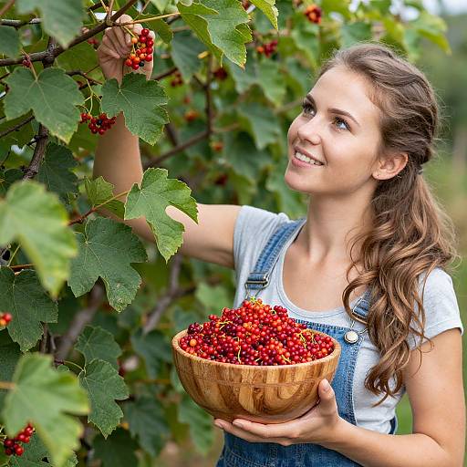 Photograph of a smiling young woman with long brown hair, wearing denim overalls and white shirt, picking red berries from a lush green tree, holding