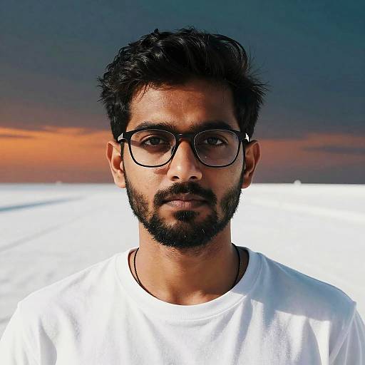 Photograph of a bearded Indian man with dark hair, black-framed glasses, white shirt, serious expression, against a sunset sky over a white