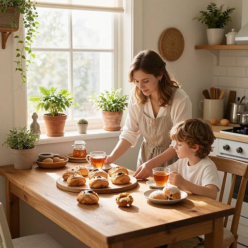 Photograph of a mother and son in a sunlit kitchen, sharing tea and pastries at a wooden table, surrounded by potted plants.