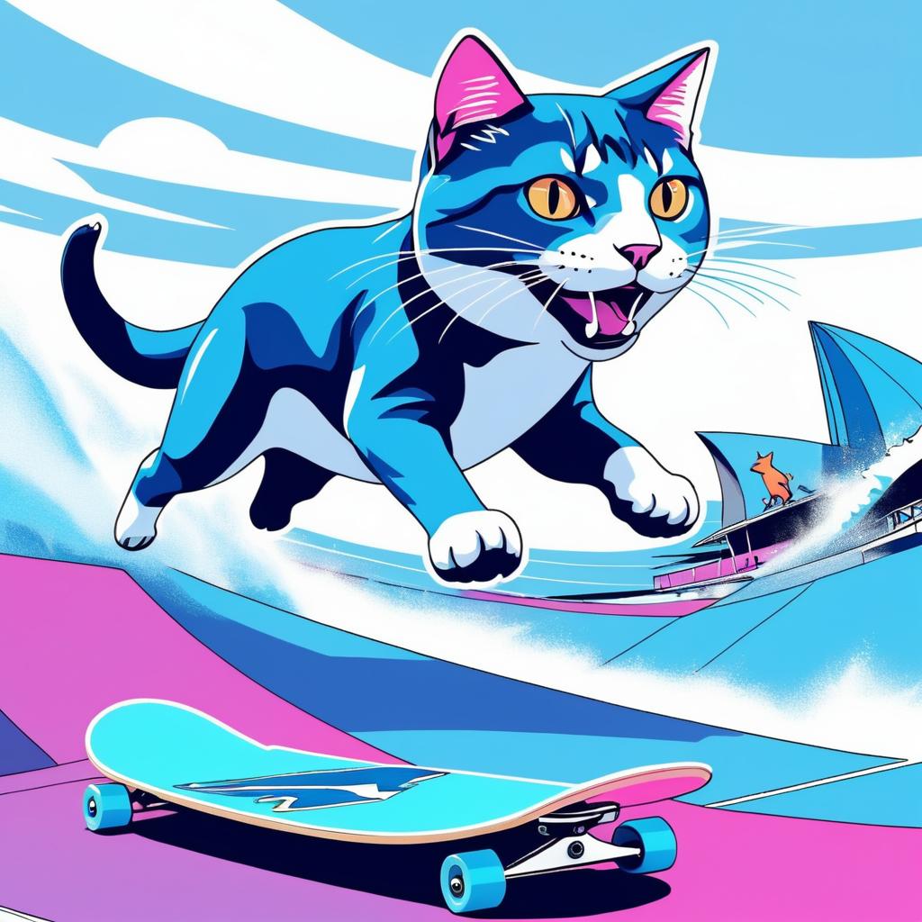 Psychedelic Skateboarding Cat vs. Shark