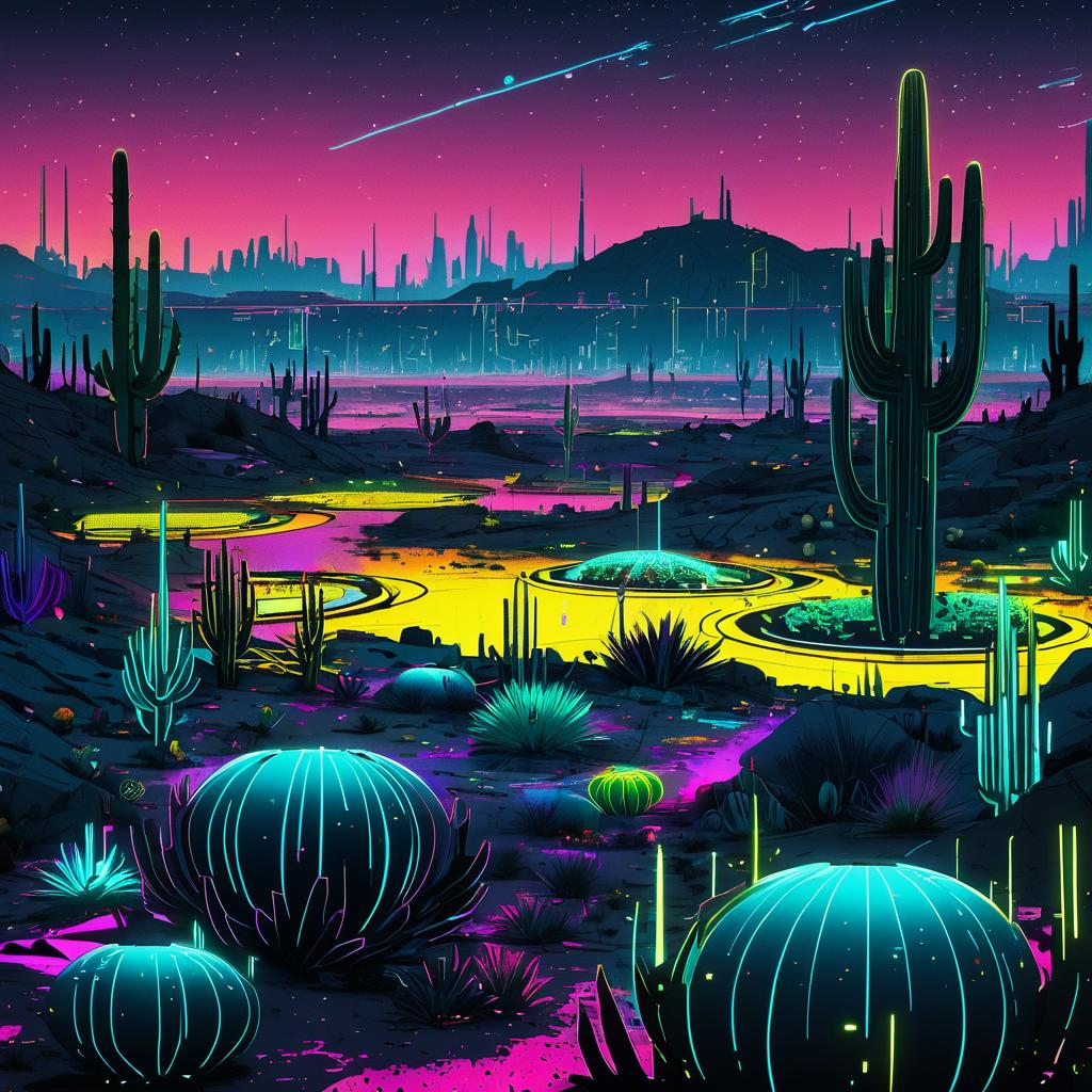 Futuristic Cactus Wasteland Under Stars