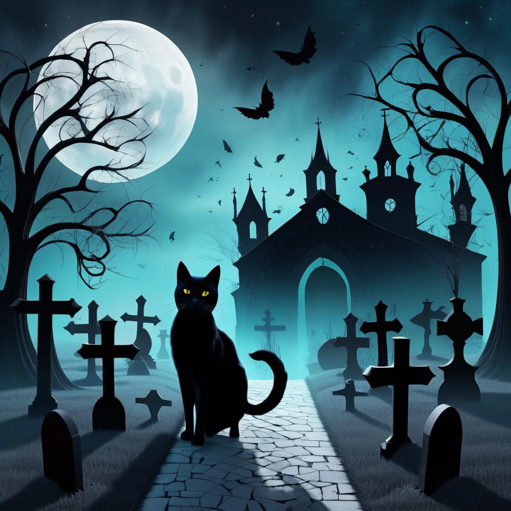 Surreal Black Cat in Graveyard Scene