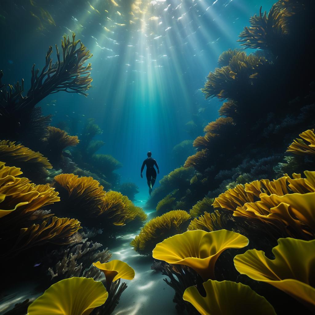 Lone Swimmer Amidst Kelp Forest