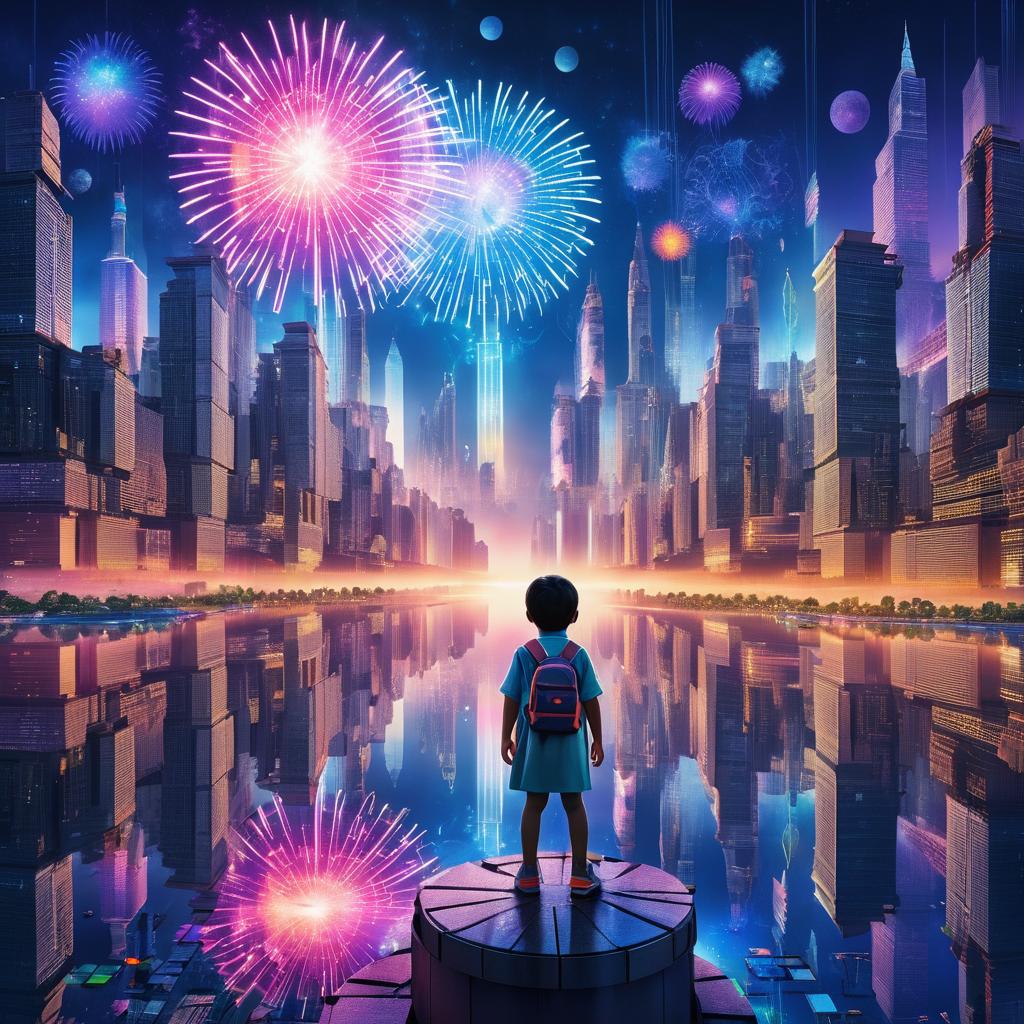 Futuristic Child in a Megalopolis Skyline