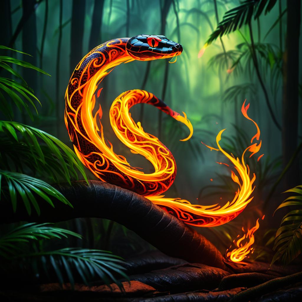 Vivid Fire Snake Amidst Misty Jungle