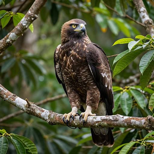 Photograph of a brown hawk with yellow eyes perched on a mossy tree branch, surrounded by lush green leaves in a dense forest.